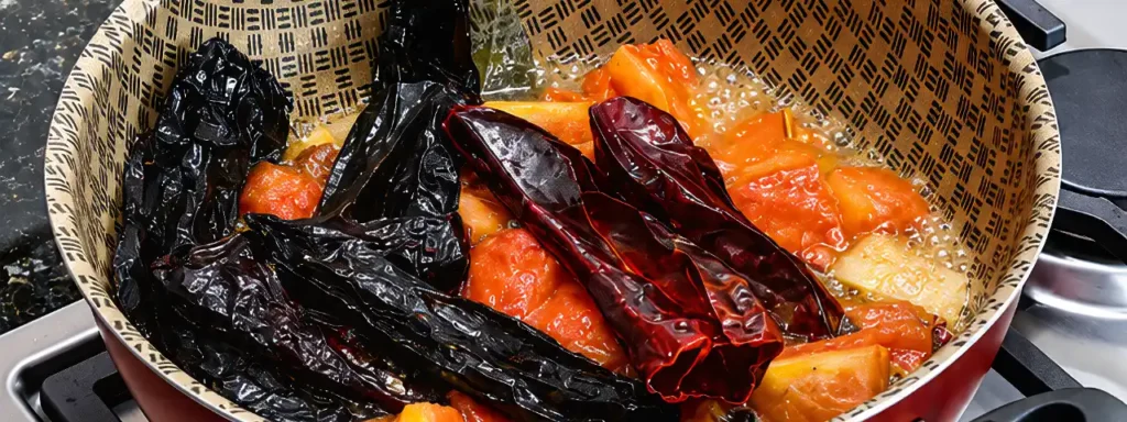 Dorando chiles y tomate para el adobo de costillas de cerdo